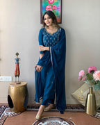 Teal Blue Embroidered Straight Kurta Set with Matching Dupatta