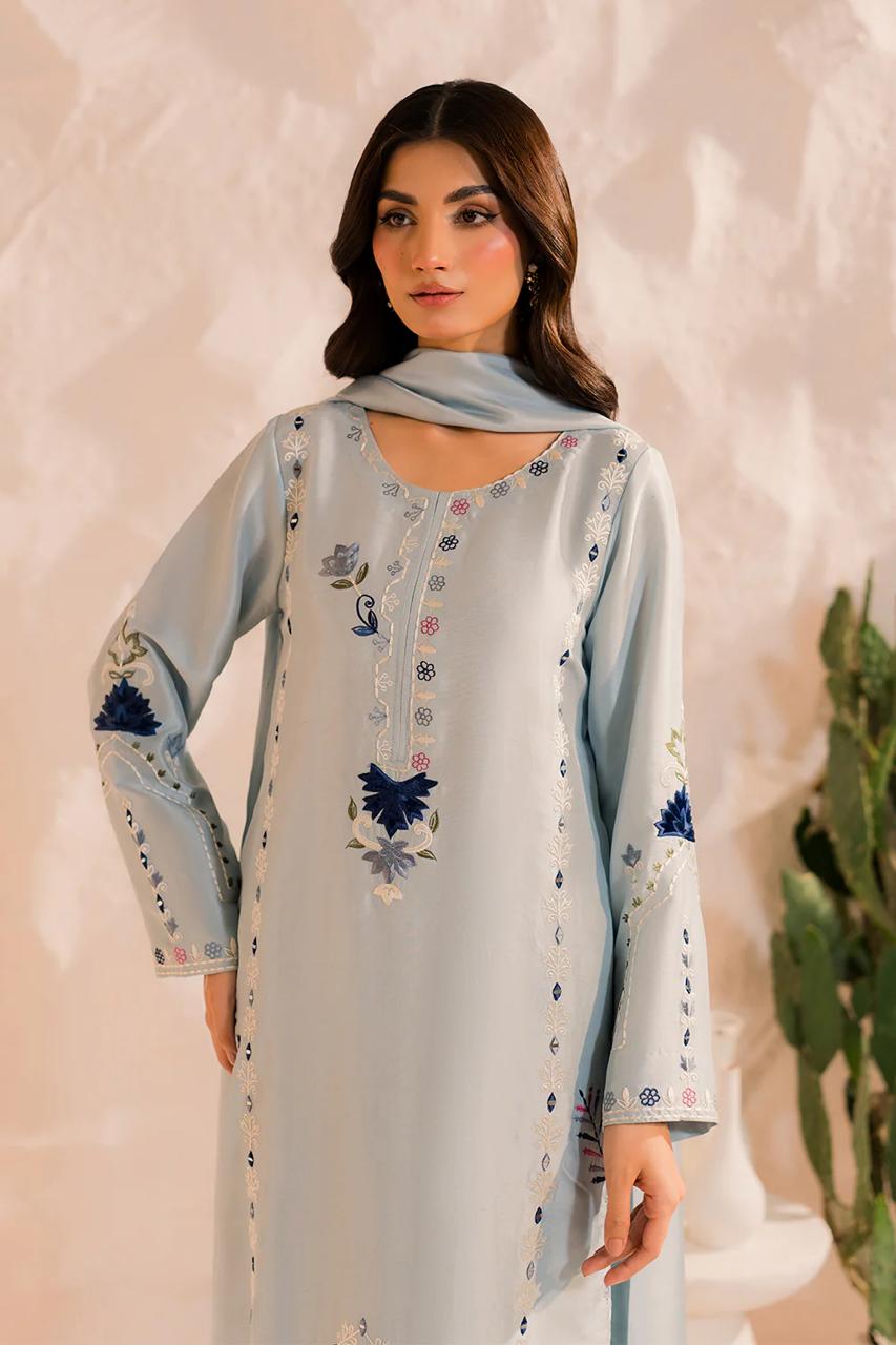 Pastel Blue Embroidered Kurta Pant Set with Dupatta for Women